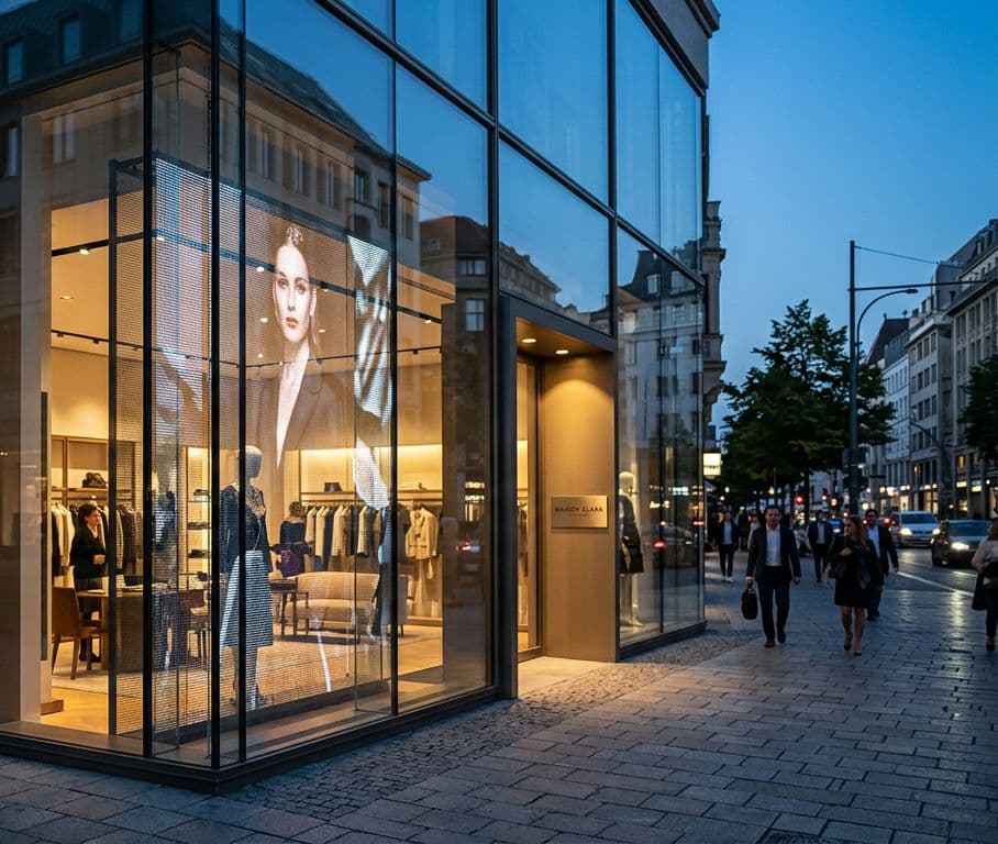 Lüks bir butik vitrininde şeffaf LED ekranda beliren mankenli sezon kampanyası konsept görseli